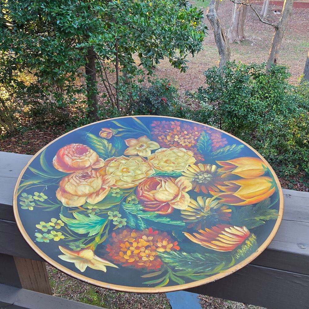 Large Floral Platter Hand Painted Plate Decorative Round Black Floral Gold 16"